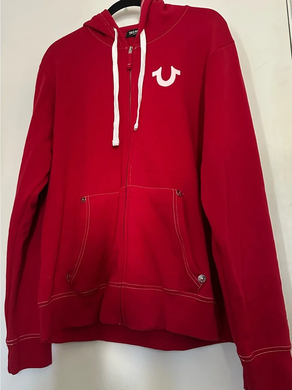 True Religion Men's Red Zip-Up Hoodie with White Logo